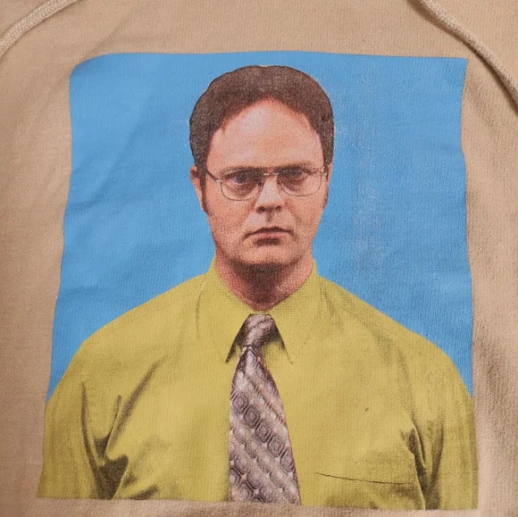 The Office Tan Hoodie Sweater Size L Dwight Schrute False Spellout Dunder Miffli - Picture 8 of 8